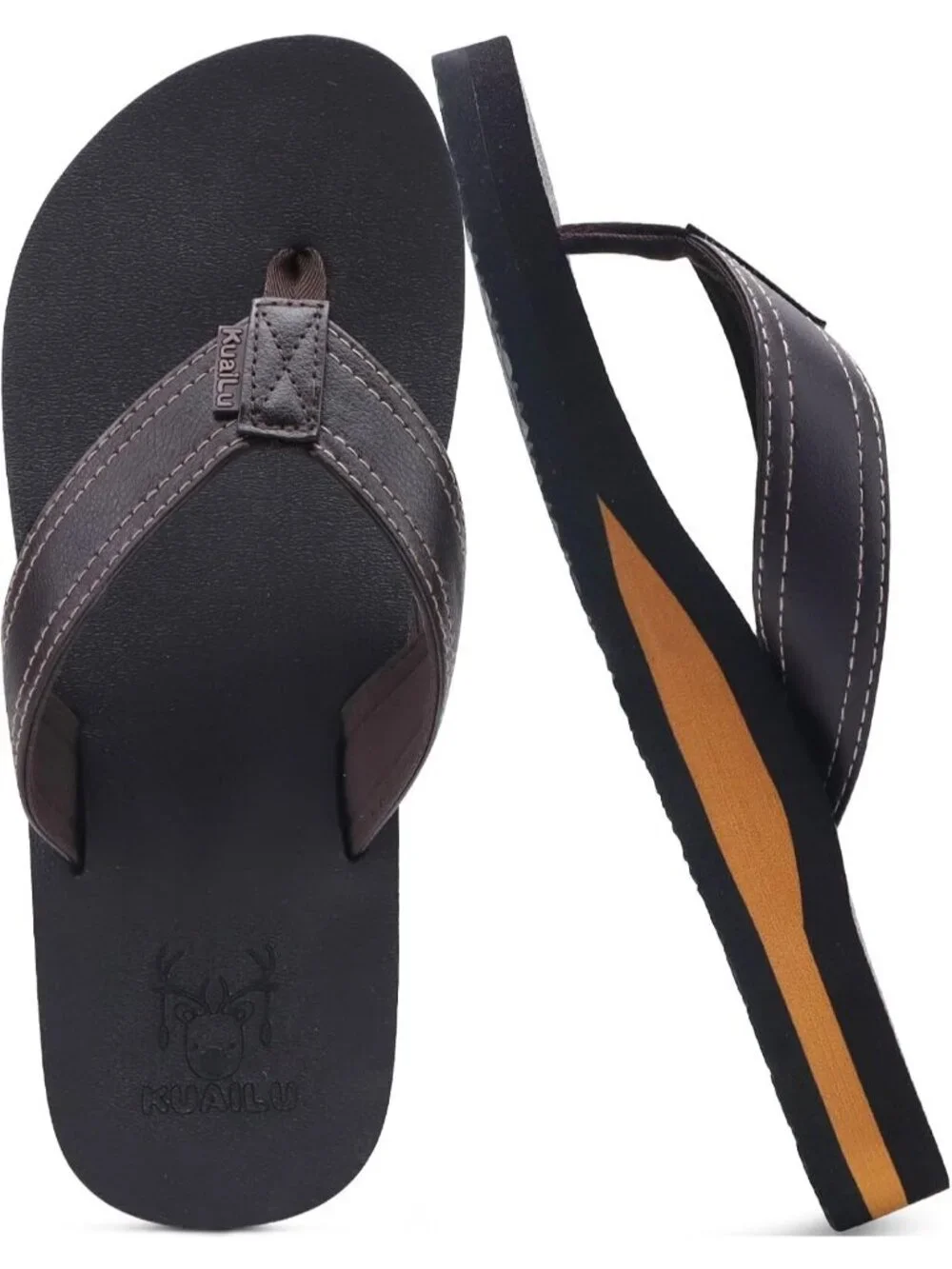 Men's Brown Yoga Mat Leather Flip Flops Slip On Indoor Outdoor Sandal Slipper